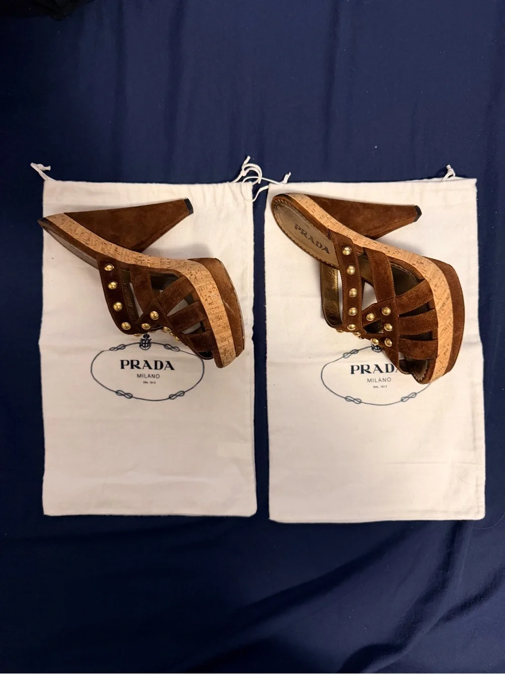 Prada Brown Suede Cork Wedge Sandals with Gold Studs